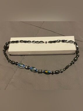 Polished Gray Hematite Necklace with Blue Glass Accents - Women Jewelry